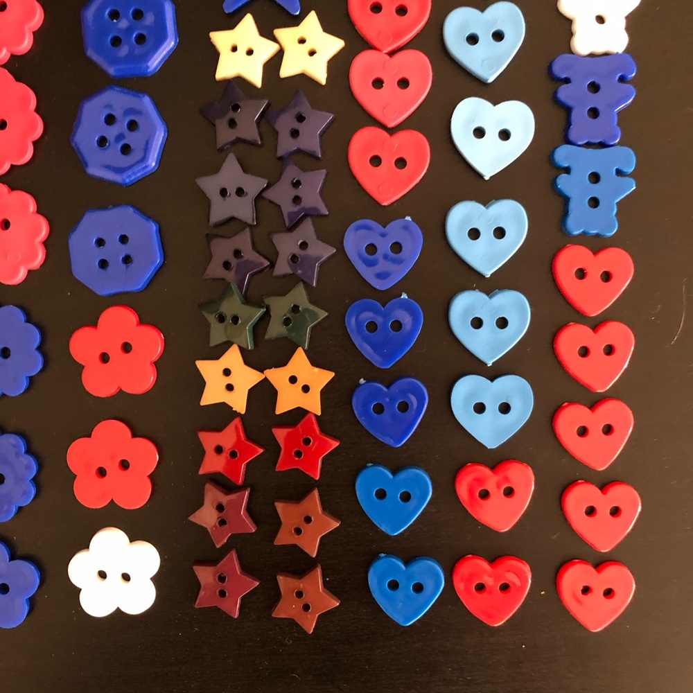 Lot of 114 Vintage Craft Buttons White Red Blue Plastic Heart Star Flower Shape